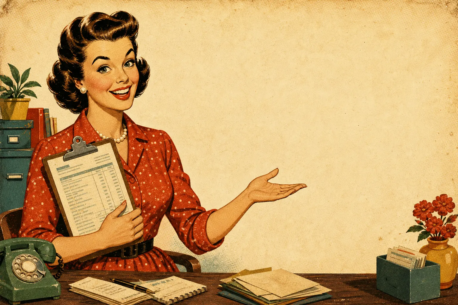 1950s illustration of a woman holding a statement clipboard