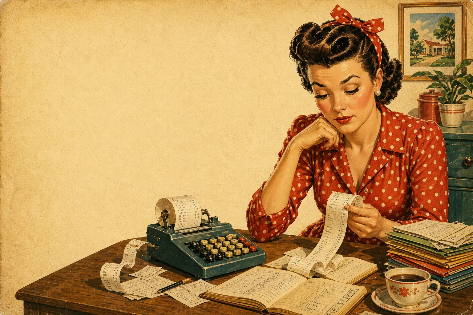 1950s illustration of a woman reviewing receipts with an adding machine