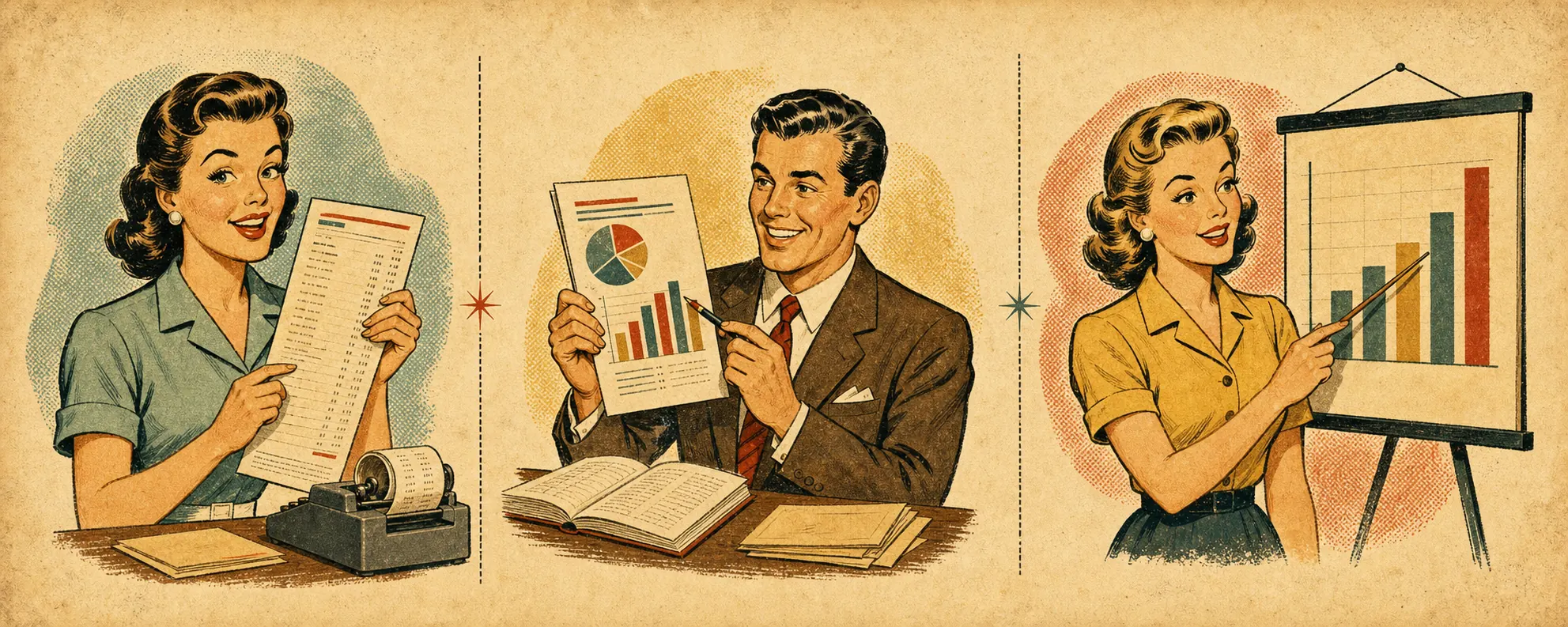 1950s illustrated strip showing upload, analysis, and report insights