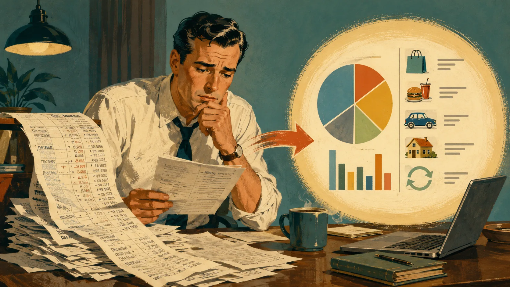 1950s man reviewing a bank statement beside expense charts