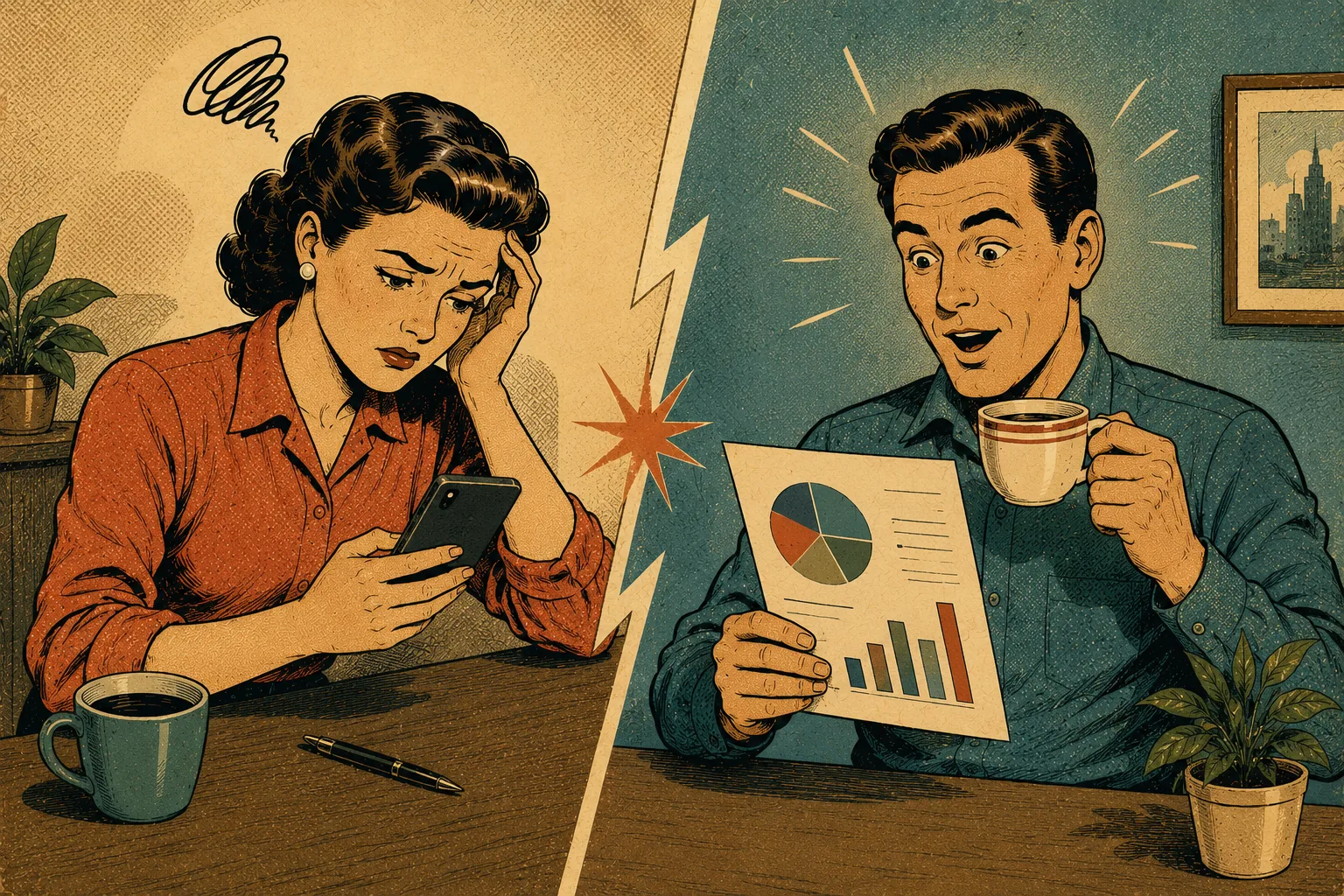 1950s split scene comparing manual expense tracking with a clear spending report