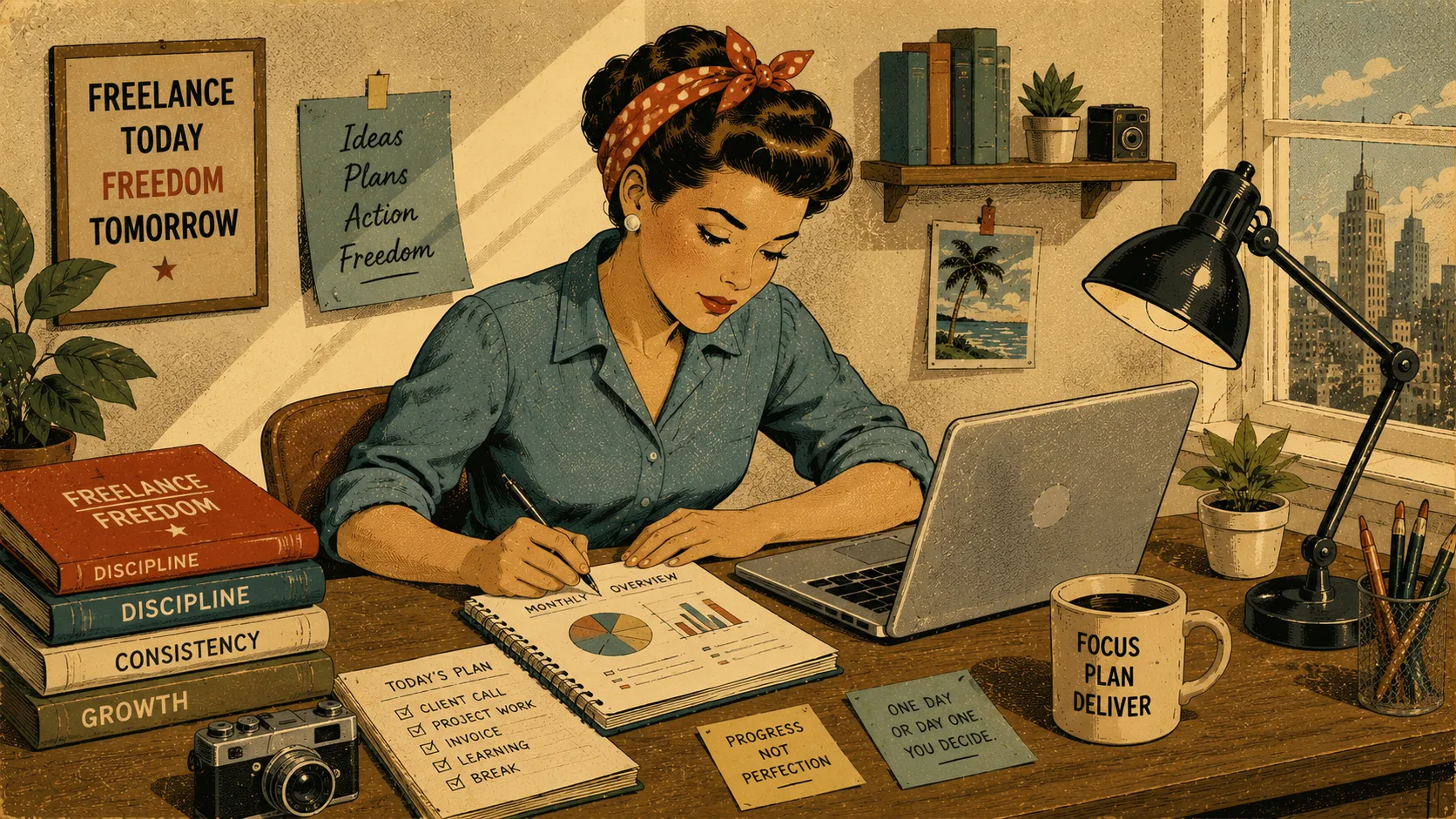 1950s freelancer reviewing monthly expenses at a desk with a laptop