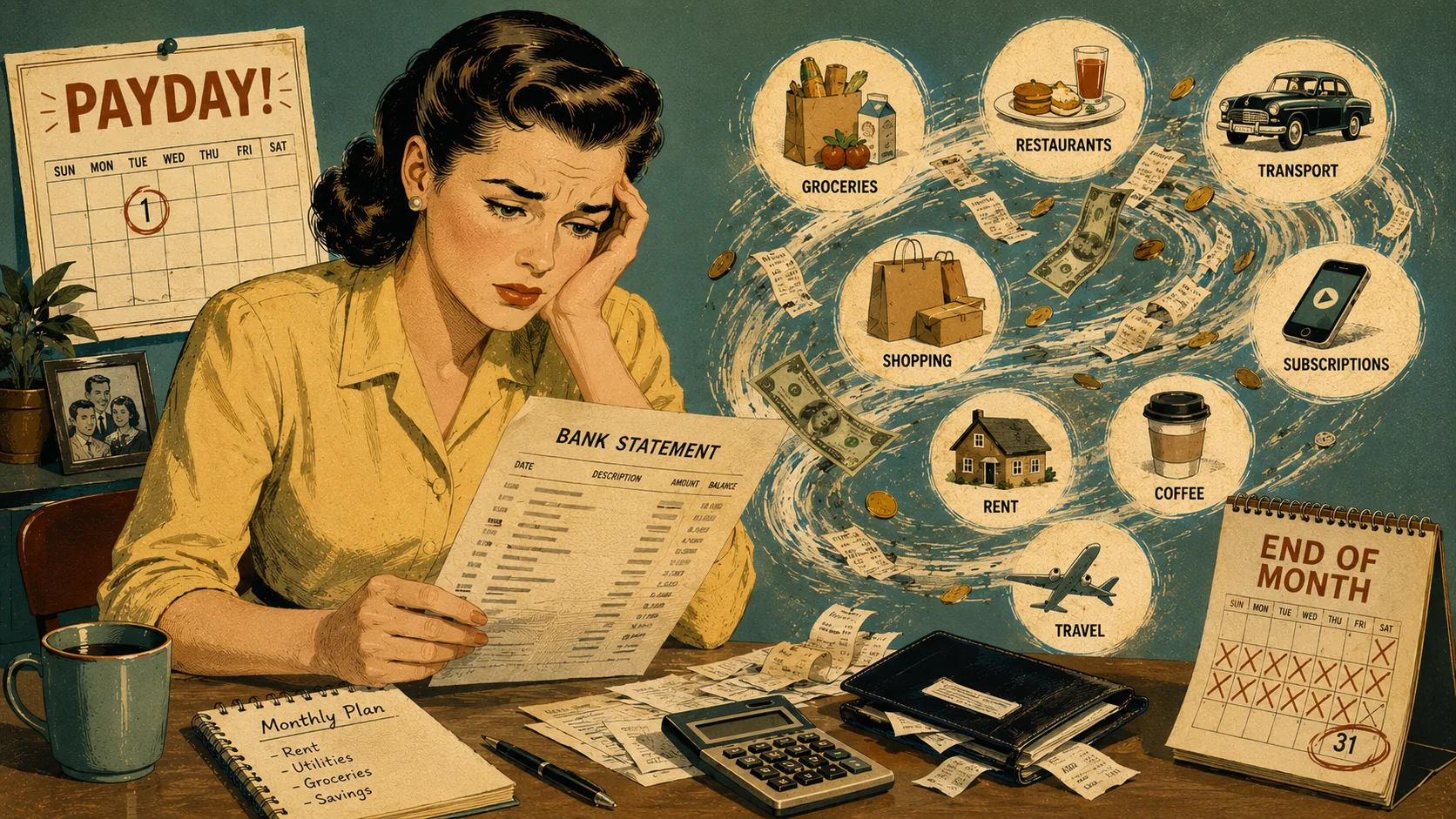 1950s woman studying a bank statement as salary spending categories swirl away